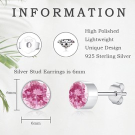 Cangall Silver Studs Earrings for Women, 925 Sterling Silver Stud Earrings with Pink Cubic Zircon, Hypoallergenic 6mm Small Cartilage Sleeper Silver Stud Earrings Jewelry Gift for Xmas Birthday