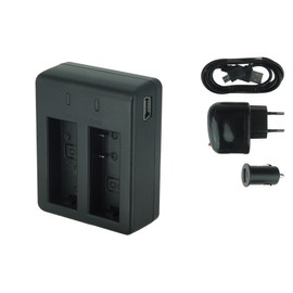 Dual Charger (Mains + Car + USB) for Qumox SJ4000, SJ4000+, SJ5000, SJ5000+, SJ5000X Elite/SJCam M10(+), X1000 / DBPower EX4000, EX5000 ... see list. !