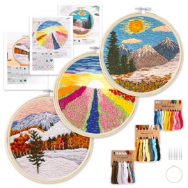 WYTNB 3 Packs Full Range of Embroidery Kits, DIY Embroidery Starter Kit with Bamboo Hoops, Embroidery Beginners Stitch Practice kit, Cross Stitch Starter Kits with Landscape Pattern