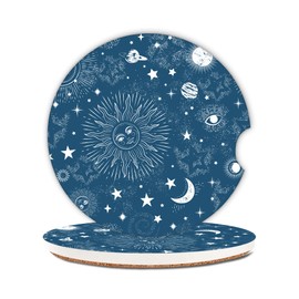 Moon Star Sun Starry Night Car Coasters,Ceramic Absorbent Cup Holders with Finger Notch & Cork Base Car Assecories for Women/Men 2.6"(2 Pieces)