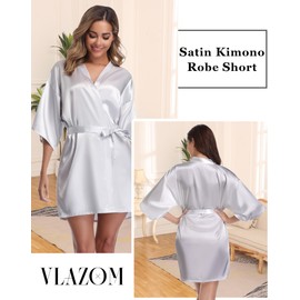 Vlazom Women's Kimono Robes Dressing Gown Satin Bathrobe Nightdress Pure Colour Short Style with Oblique V-Neck, Silver, M(UK 8-10)