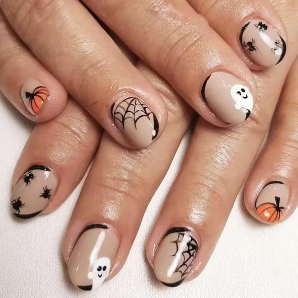 Halloween Press on Nails Short Oval Fake Nails with Ghost