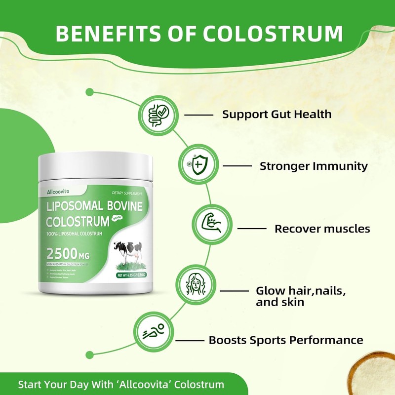 Allcoovita,Liposomal Bovine Colostrum Powder – Pure Grass-Fed Colostrum for Gut