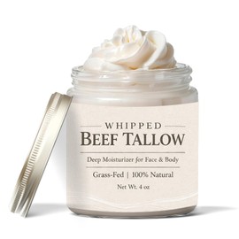 Grass Fed Beef Tallow & Honey Unscented Whipped Cream Face Body 4oz | Grass-fed whipped tallow & honey cream with vitamin E. Unscented daily moisture balm for face, hands & body. Fast-absorbing