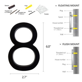 6''House Numbers-Usumairu Address Numbers for Houses,Floating House Numbers for Outside with Mounting Kit,Modern 3D Shadow Black Metal Address Numbers and Signs for Door&Garden&Mailbox&Hotel-8