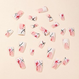 Duck Nails Press on White French Tip With Flowers Design - Glossy Full Cover Glue on Duck Feet Style False Acrylic Artificial Stick on Nails for Women - 24 Pcs