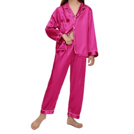 EPLAZA Kids Satin Pajamas Sets Girls Boys Button-Down Silky Pajamas Sleepwear with Hairband Eye Mask Hair Tie, Rose, 7-8 Years