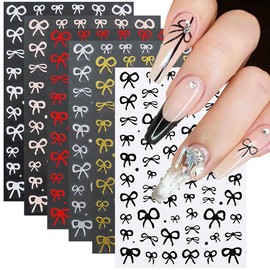 6 Sheets Bow Nail Art Stickers French Nail Decals 3D Self Adhesive Bow Transfer Tape Slider Foil Popular Bow Rose Gold Silver Black White Gold Red Bow Designs for Women Charm Art Decorations