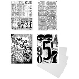 Stamps - Ledger Script, Flower, Ticket, Number Themed Cling Rubber Stamp Set - for Mixed Media Stamping, Junk Journal, Card Making, Scrapbooking - with 3 White Cardstock