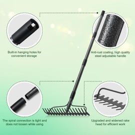 Garden Rake, 6FT Bow Rake Heavy Duty Leveling Rake with Adjustable Handle, 17 Tines Wide Head Metal Thatch Rake for Gardening Leaves Lawn Yard Mulch Rake
