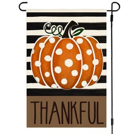 ARGOOFG Thanksgiving Fall Garden Flag 12x18 Inch Double Sided for Outside, Thankful Polka Dot Pumpkin Striped Outdoor Seasonal Yard Flag Porch Decor 2-12