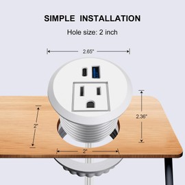 2 inch Desktop Power Grommet with 20W USB-C, Fast Charge Recessed Desk Outlet for Conference Countertop Cabinet Nightstand Furniture, 6.5FT Extension Cord, 45°Flat Plug, ETL Listed