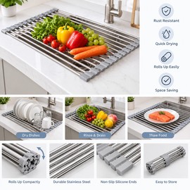 Roll-Up Stainless Steel Sink Drying Rack for Dishes – Foldable Over-Sink Drainer for Kitchen Prep & Storage