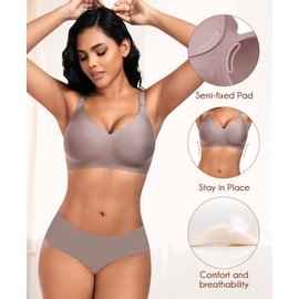 DOCUMO Wireless Bras for Women Push Up Bra Wavy V Neck No Underwire Bra with Lift Adjustable Seamless Grey Bralettes Comfortable Bra(Grey,Large)