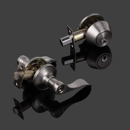 Probrico 2 Sets-Wave Style Entry Door Levers with Double Cylinder Deadbolts Combo Pack, Keyed Alike Door Knobs Exterior and Interior Lockset Leverset, Handleset for Front and Entrance Door