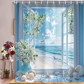 Beach Coastal Flowers Shower Curtain, Blue Ocean Floral Plants Coastal Nature Landscape Shower Curtain Set, Seashell Starfish Themed Shower Curtains Decor Bathroom Polyester Waterproof Hooks，72x72
