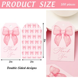 JarThenaAMCS 100Pcs Pink Bow Thank You Paper Gift Tags Double-Sided Bow-Knots Hanging Label Tag with Hemp Rope for Wedding Birthday Bridal Baby Shower Party Favor Decor Supplies
