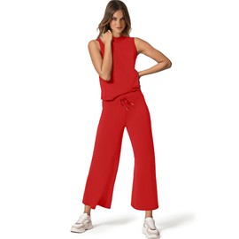 SAMPEEL SAMPEEL Two Piece Set for Women Christmas Outfits Holiday Trendy Lounge Sets Mock Neck Matching Sets Women Clothing Wide Leg Crop Pants Set Red S