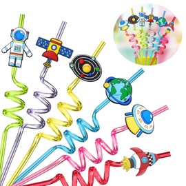 Pack of 12 Space Children's Birthday Party Bag Set, Party Straws for Children, Reusable Drinking Bow Straws, Curly Party Straws, Astronaut Party Decoration