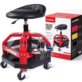 CRAFTZONE Rolling Shop Stool with Wheels, Heavy Duty Garage Shop Creeper,Adjustable Height Roller Seat, 360-degree Swivel Industrial Garage Stool with Storage Shelf, Red