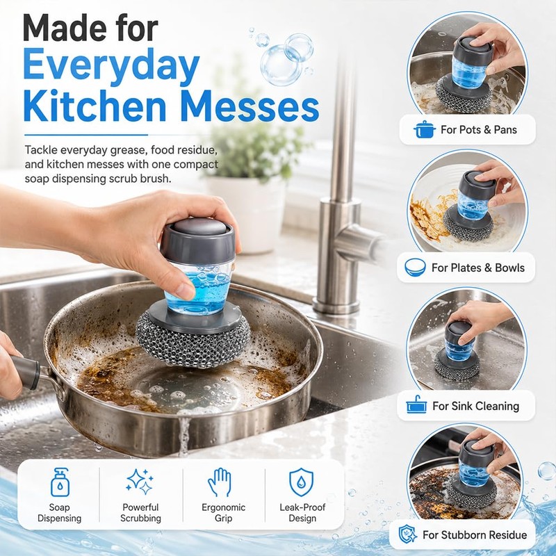 Soap Dispensing Palm Brush Set, 2 Pack Dish Scrubber with