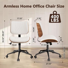 CLATINA Armless Home Office Chair, Desk Chair with Wheels, Adjustable Height Reading Chair, Leather Mid Back & Swivel Computer Chair, Modern Walnut Chairs with Back for Studio Meeting Room(White)