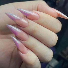 QQPPOLIU Press on Nails,Long Press on Nails Purple French Tip Nails Press ons Nude Fake Nails Stiletto Shape Long Almond Acrylic Press on Nails for Girls