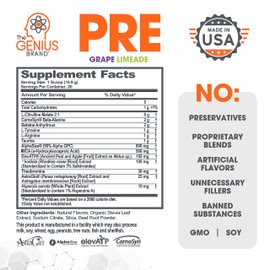Genius Pre Workout Powder, Grape Limeade - All-Natural Nootropic Pre-workout & Caffeine-Free Nitric Oxide Booster Supplement with Beta Alanine & Alpha GPC - No Artificial Flavors, Sweeteners, or Dyes