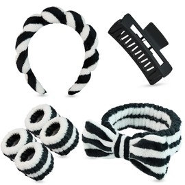 Yaqulen 7 Pcs Spa Set, Facial Headband and Wristband Set, Skincare Accessories, College Style Girl Gift, Hair Accessories for Women and Girls（Black White Stripe ）