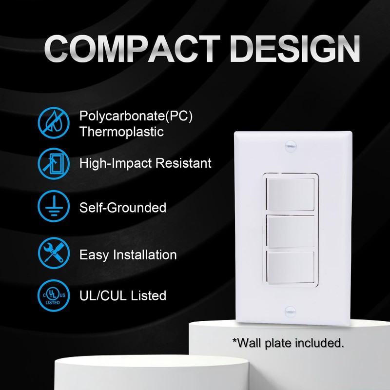 Baomain Triple Rocker Light Switch with Wall Plate, 15A 120V