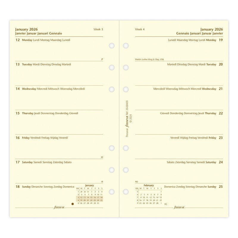 Filofax Personal Week Per Page, 5 Languages, Cotton Cream, 2026,