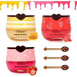 Lingyun- Bálsamo labial de abeja en tarro de miel, 3 piezas de mascarilla para dormir de labios con fresa, miel y sandía, hidratante para prevenir la sequedad