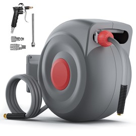 50 Ft Retractable Air Hose Reel, 3/8 In Auto Rewind with Air Blow Gun, 180° Wall-Mountable, Kink-Free, for Garage & Workshop Use