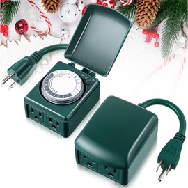Dreyoo 24 Hour Heavy Duty Mechanical Timer for Christmas, Outlet Timer with 15 Minutes Intervals, Outdoor Timer Outlet Waterproof, 2 Grounded Outlets for Christmas Lights Xmas Decor, Green(2 Pcs)