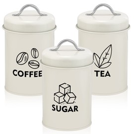 Cream Canister Set of 3, P&P CHEF Metal Kitchen Canisters with Lids for Sugar Tea Coffee, Food Containers, Vintage Farmhouse Storage Jars for Candy, Cookie, Flour, Spice or Beans, 4” x 6.89”, (5 Cups)