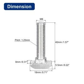 QUARKZMAN Pack of 10 T-slot bolts, M8 x 40 mm hammer head bolts, T-bolt insertion bolts for 4040 series, T-slot aluminium extruded profile, 304 stainless steel, silver