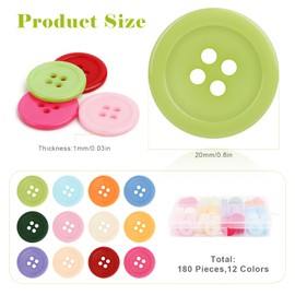 Pack of 180 Colourful Buttons, 12 Colours Resin Round Buttons, Children's Buttons with Storage Box, for DIY Crafts, Sewing and Decorating