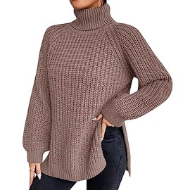 QUINTRA Loose Solid Color Sweater Medium Long Autumn/Winter Turtleneck Long Sleeved Knit Sweater Maternity Pullover Sweater (AA-Khaki, L)