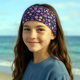 Wollhuhn Eco Children/Boys/Girls Cool Elastic Headband/Hair Band Comfortable Double Layer Jersey Many Designs (Flowers Black/Berry)