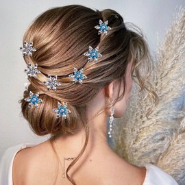 6 Pcs Snowflake Hair Clips for Women Snowflake Rhinestone U-Shape Hair Clips Christmas Fashionable Bride Hairpin Crystals Bobby Pins Headdress (Silver, Blue)