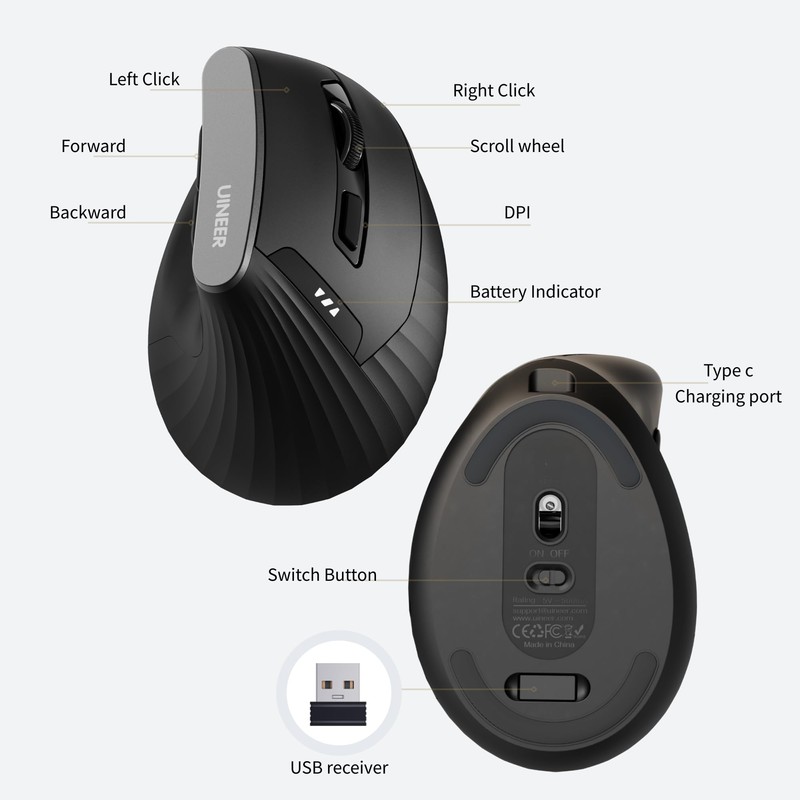 Uineer Vertical Mouse Wireless, 2.4G Rechargeable Mouse with Battery Indicator,4