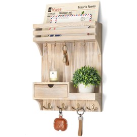 Rebee Vision Decorative Key Holder Wall Mount with Mini Drawer Organizer - Farmhouse Key Holder for Wall with Mail Organizer & 9 Key Hooks - Ideal Room Decor Aesthetic (Natural Wood)