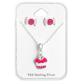 ICYROSE 925 Sterling Silver Set of Cute Small Pink Cupcake w/Crystal Necklace Pendant & Pink Candy Stud Earrings 28972