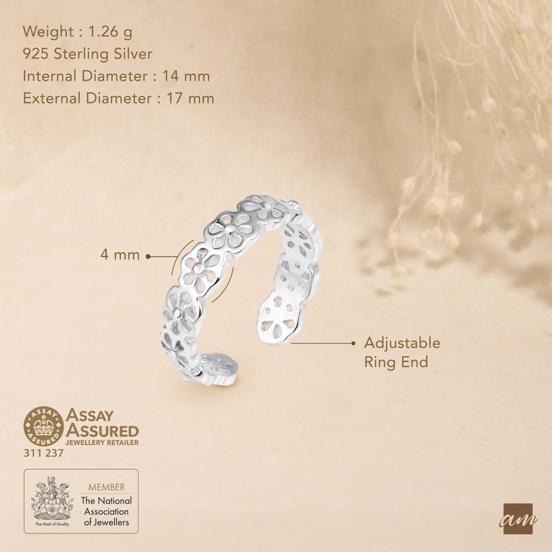 Amberta 925 Sterling Silver Toe Ring Adjustable Women's Dolphin Flowers