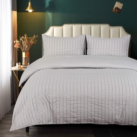 NTBAY Seersucker King Textured Duvet Cover Set, 3 Pieces (1 Duvet Cover + 2 Pillow Cases), Light Grey Stripe Washed Microfiber Comforter Cover with Zipper Closure, King (104x90 Inches), Light Grey