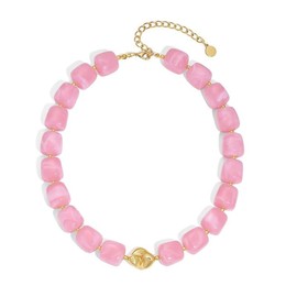 Hanfluenve Chunky Beaded Necklace for Women Boho Pink Acrylic Choker for Summer Vacation (pink)