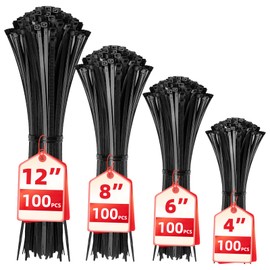 Bridas para cables, paquete de 400 unidades, color negro, varios tamaños, 12+8+6+4 pulgadas, gestión de cables de nailon autobloqueante multiusos, bri