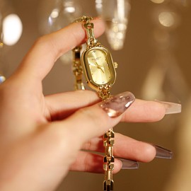 CARLIEN Women Vintage Petite Bracelet Gold Dainty Watch Small Gold Quartz Analog Watch Luxury Waterproof Ladies Rhinestone Wristwatch, Gold, Vintage, Fashion, Casual