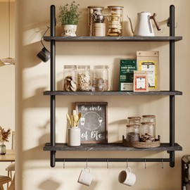 Bestier Floating Pipe Shelving, 31.5" Floating Kitchen Shelves Wall Mounted, 3 Tier Coffee Bar Shelf Ladder Bookshelf with Towel Bar Hooks for Kitchen Living Room Bathroom Bedroom, Black Marble