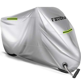 Favoto Motorcycle Cover Waterproof Outdoor Cool Silver Color with Reflective Strip Windproof Buckle Lock-Hole Storage Bag Fit 104 inch Vehicle Motorbikes